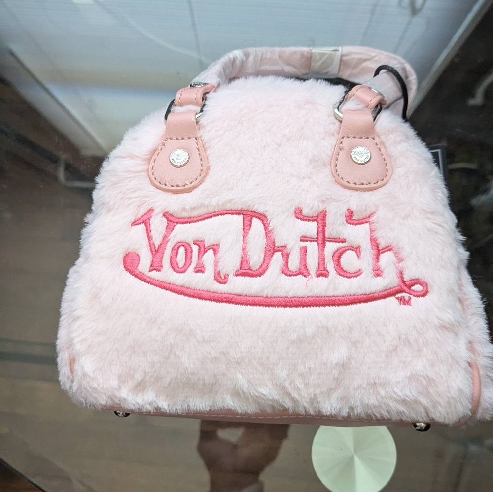 Von Dutch Pink On Pink  Furry Women's Bag With Crossbody Bowling Bag Style NWT
